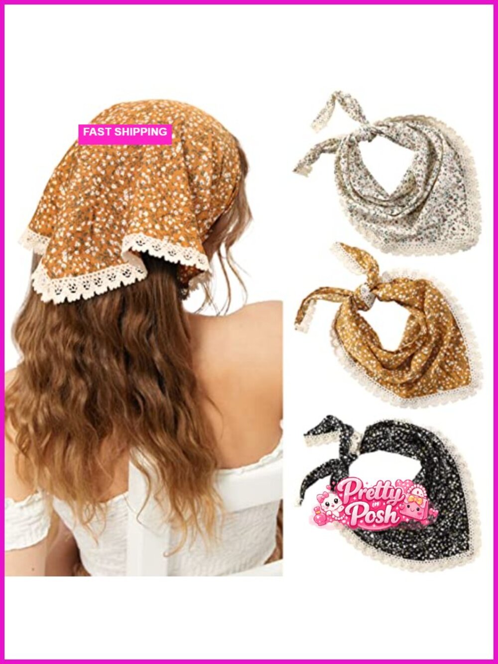 Chiffon Floral Head Scarf Bandana with Lace Edging